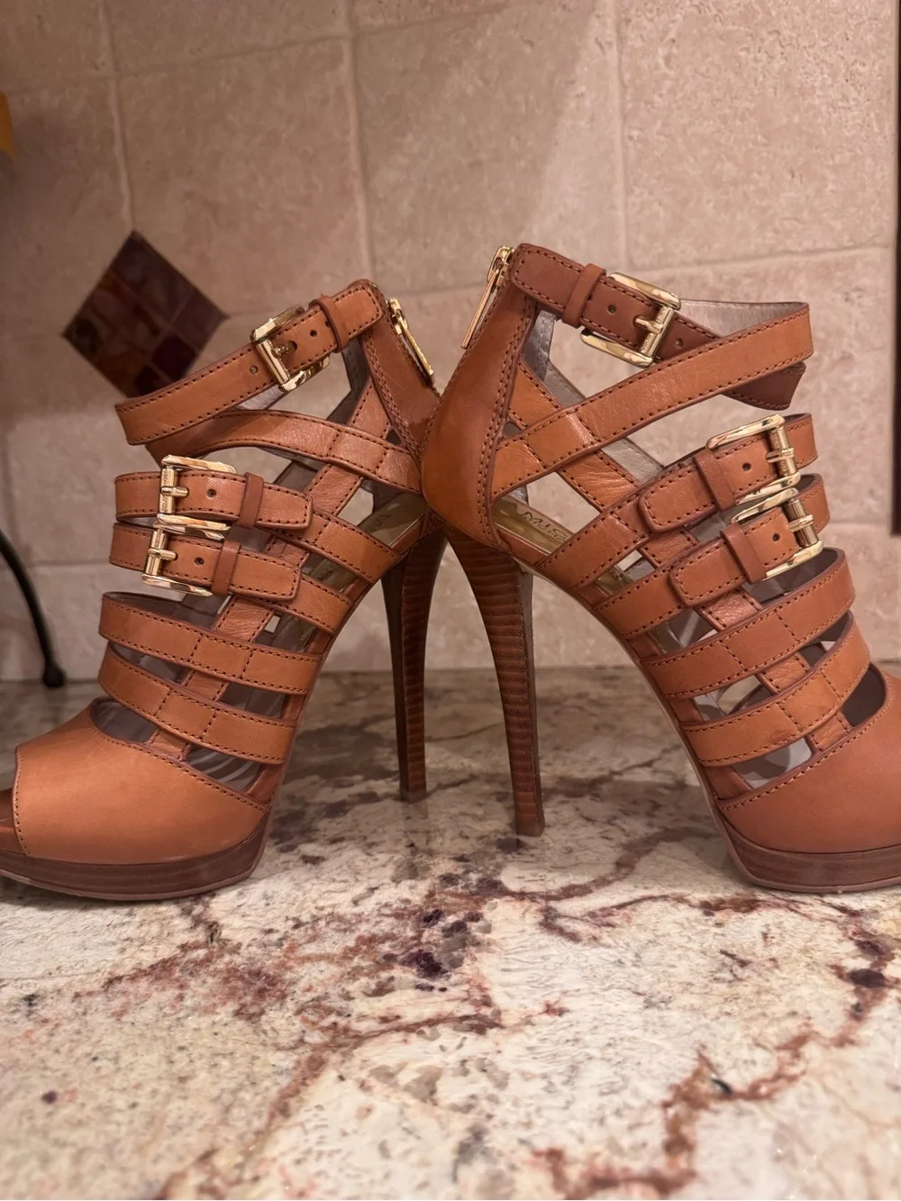 Michael Kors Leather Cognac Strappy Buckle High Heel 3”